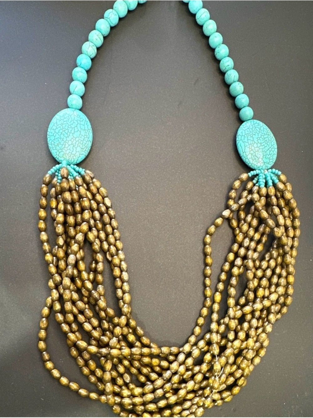 Turquoise and Gold Multi-Strand Beaded Necklace